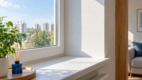 Оконная рама, светлый откос и угол стены квартиры при дневном свете