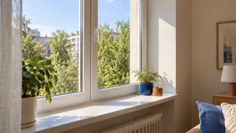 Оконная рама, откос и угол стены обжитой квартиры в естественном дневном свете