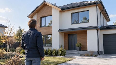 Покупатель со спины осматривает фасад загородного дома с земли