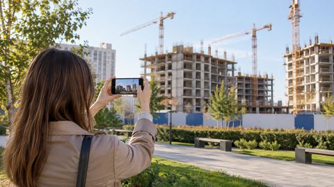 Женщина со спины фотографирует строящийся квартал с общественной дорожки за ограждением