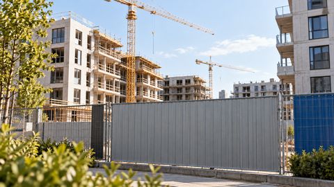 Строящийся жилой квартал за ограждением, вид с общественной территории