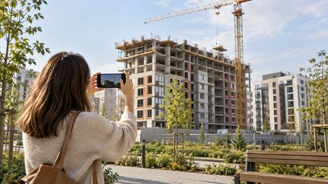 Посетитель фотографирует этап строительства жилого дома с общественной территории