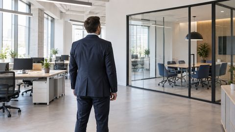 Представитель со спины осматривает свободный офис с рабочими столами и переговорной