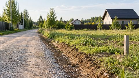 Кромка гравийной подъездной дороги рядом с грунтом участка