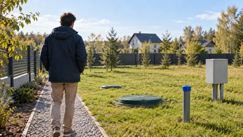 Посетитель со спины осматривает свободный участок с закрытыми точками доступа к коммуникациям