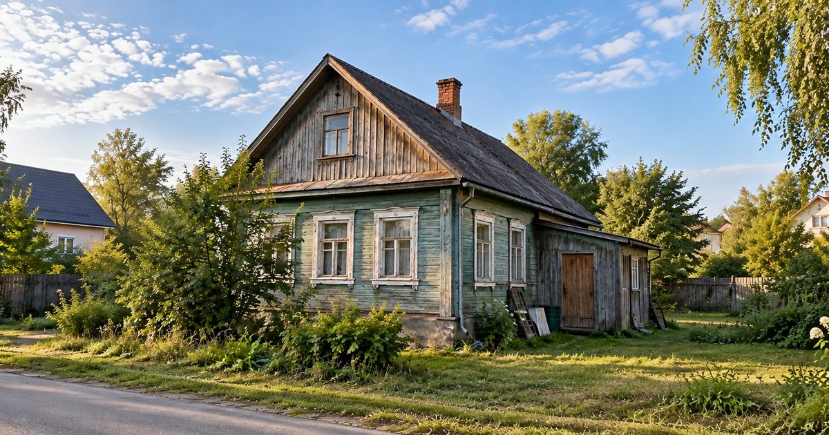 Панорамный баннер старого деревянного дома на участке под реконструкцию