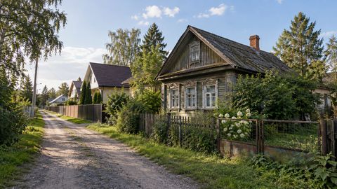 Старый деревянный дом у подъездной дороги среди соседней жилой застройки