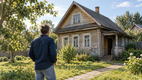 Посетитель со спины осматривает старый деревянный дом с доступной садовой дорожки