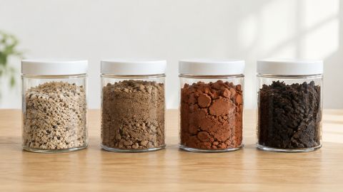 Четыре образца грунта разной фактуры в отдельных прозрачных ёмкостях без маркировок