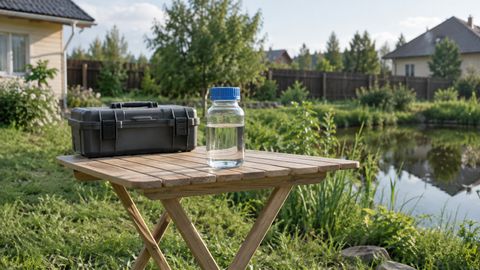 Закрытая проба воды и защитный кейс на полевом столе в жилом саду