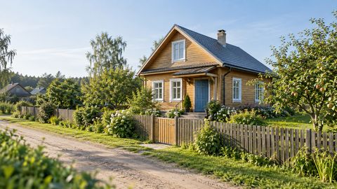 Сельский деревянный дом у тихой грунтовой улицы с зелёным участком, яблонями и деревянной калиткой.