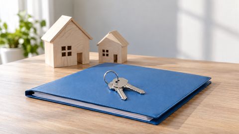 Ключи без маркировки на закрытой синей папке и два физических деревянных макета жилья.