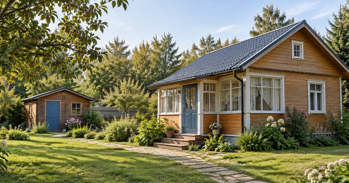 Панорамный баннер дачного дома с верандой, яблоневым садом и сараем