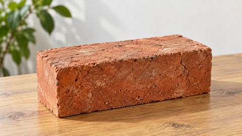 Крупная фактура красного полнотелого кирпича на деревянном столе