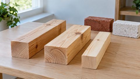 Отдельные деревянные образцы каркаса рядом с кирпичом и пористым блоком
