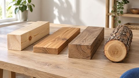 Образцы бруса, доски, тёмной древесины и бревна для сравнения фактуры