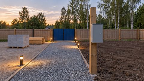 Закрытый временный шкаф питания рядом с освещённым проходом и отдельной зоной хранения материалов