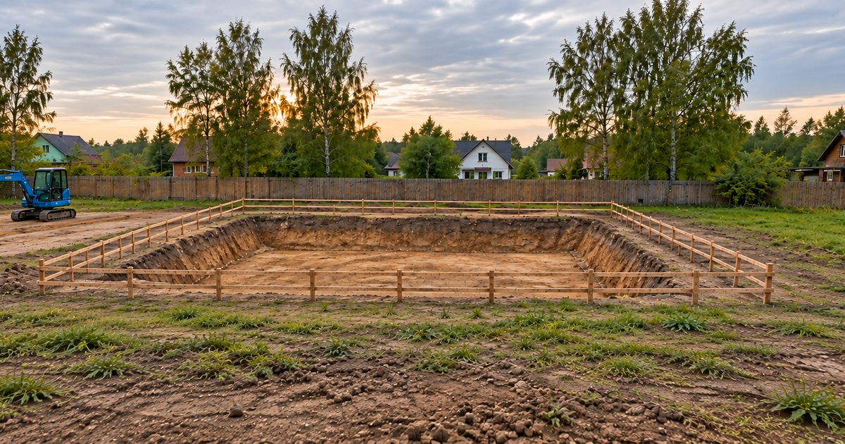 Панорамный общий вид ограждённого котлована с удалённой точки