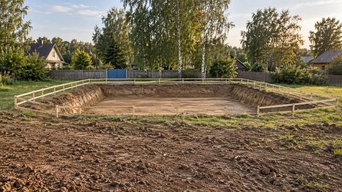 Спланированная поверхность участка и общий вид ограждённого котлована
