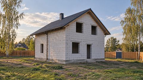 Коробка частного дома из светлых блоков с открытыми проёмами