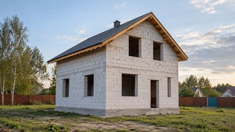 Общий вид коробки частного дома с земли