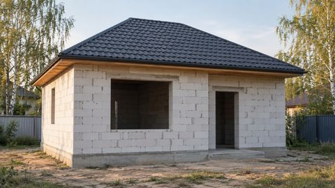 Стены коробки частного дома с фактурой блоков и открытым оконным проёмом