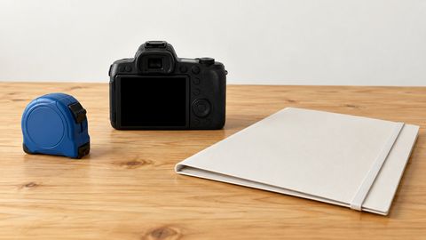 Рулетка, фотоаппарат с выключенным экраном и закрытая папка на рабочем столе