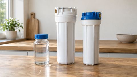 Закрытая ёмкость с пробой воды и два корпуса бытовых фильтров на дубовой столешнице