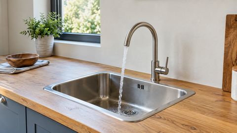 Обычная струя воды из кухонного смесителя в раковину