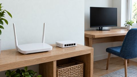 Домашний маршрутизатор и отдельный сетевой коммутатор на светлой полке рядом с рабочим местом