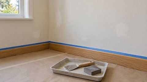 Подготовленная стена, защищённый пол и инструменты перед отделкой