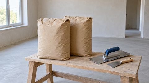 Сухие строительные смеси в безымянной упаковке и ручной отделочный инструмент