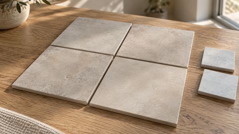 Матовая минеральная фактура плитки в пробной раскладке при боковом свете