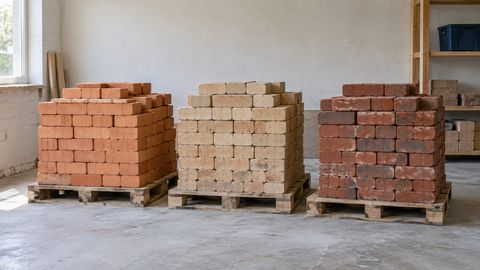 Организованное хранение кирпича трёх естественных оттенков на отдельных паллетах