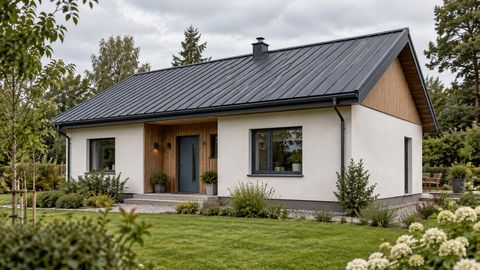 Концепция загородного дома с согласованной палитрой тёмной кровли светлого фасада и дерева